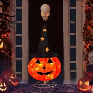Halloween Foldable Pumpkin Lights - Pre-Lit Pop-Up Jack-O'-Lanterns With Starry Hat, 3 Modes & Battery Box For Indoor/Outdoor Decor, Porch, Garden, Party Decoration, Halloween Decorations, Festive Yar